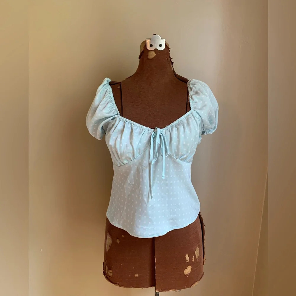 Blue Rain Francesca’s babydoll sweetheart Puff Sleeve Polka Dot Shirt Size small